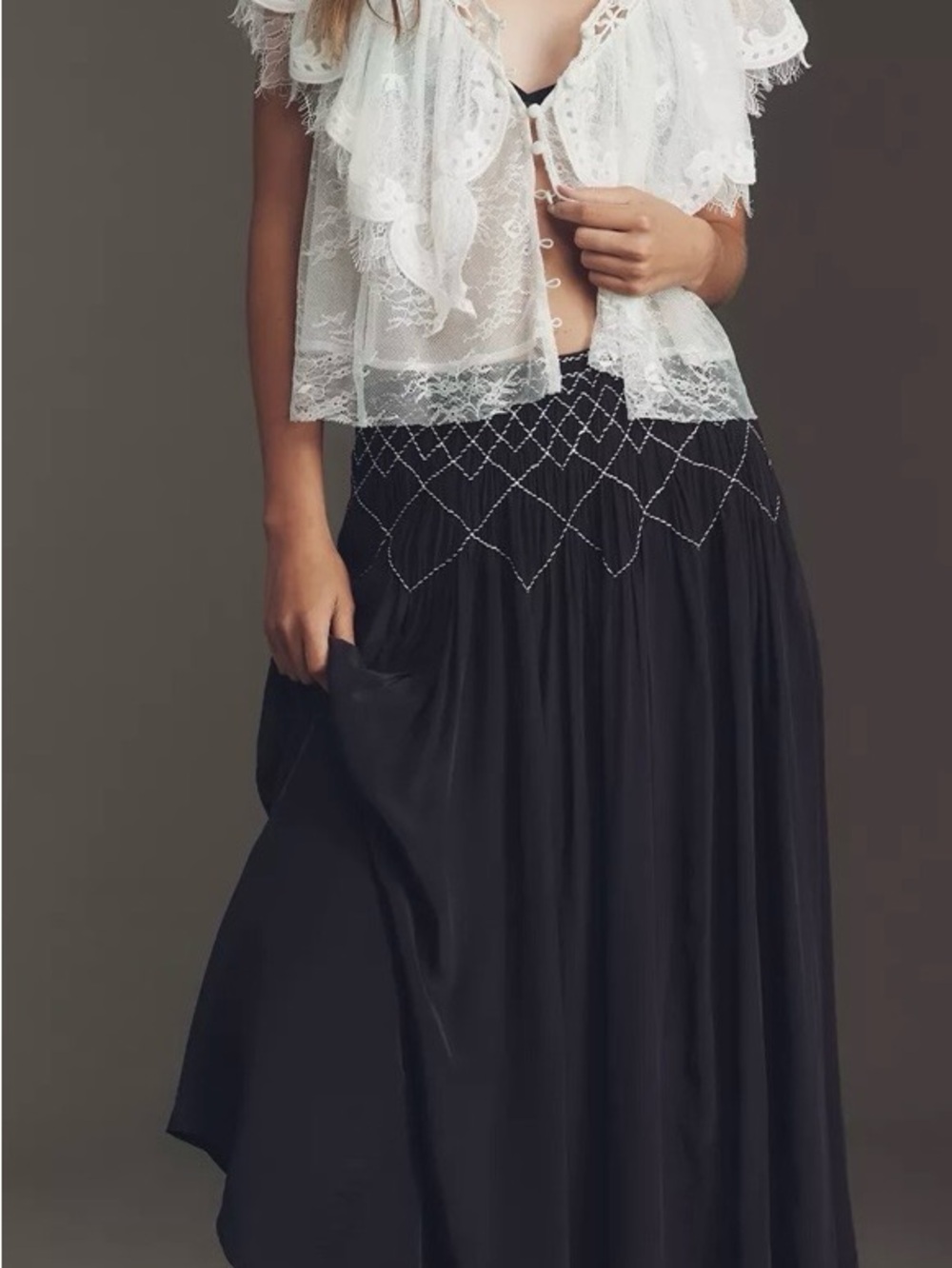 Anthropologie XS Black Maxi Skirt with Embroidered Smocked Waist NWT